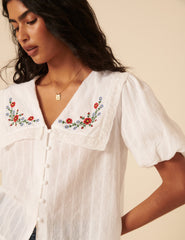 White Floral Embroidered Collar Blouse