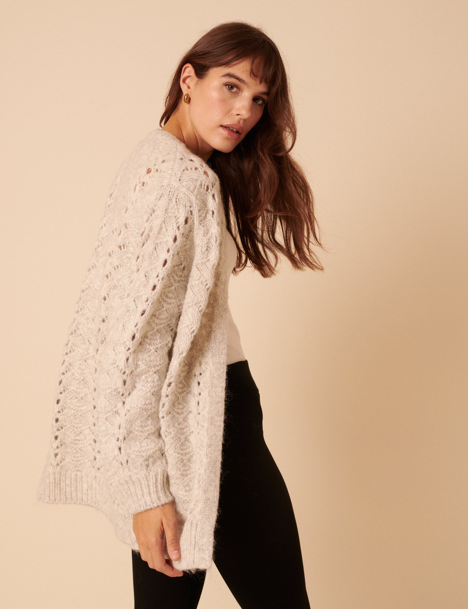 Beige Pointelle Relaxed Cardigan