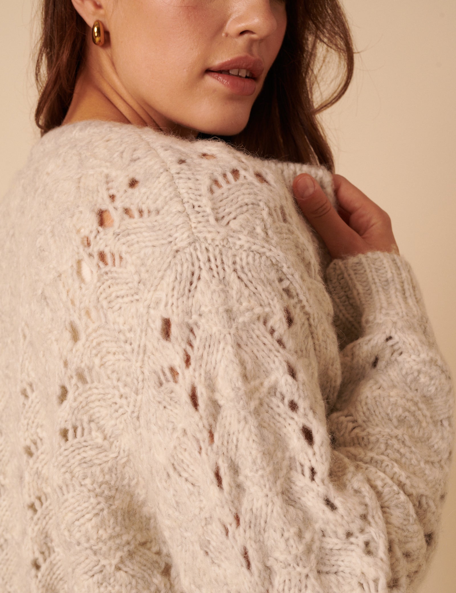 Beige Pointelle Relaxed Cardigan