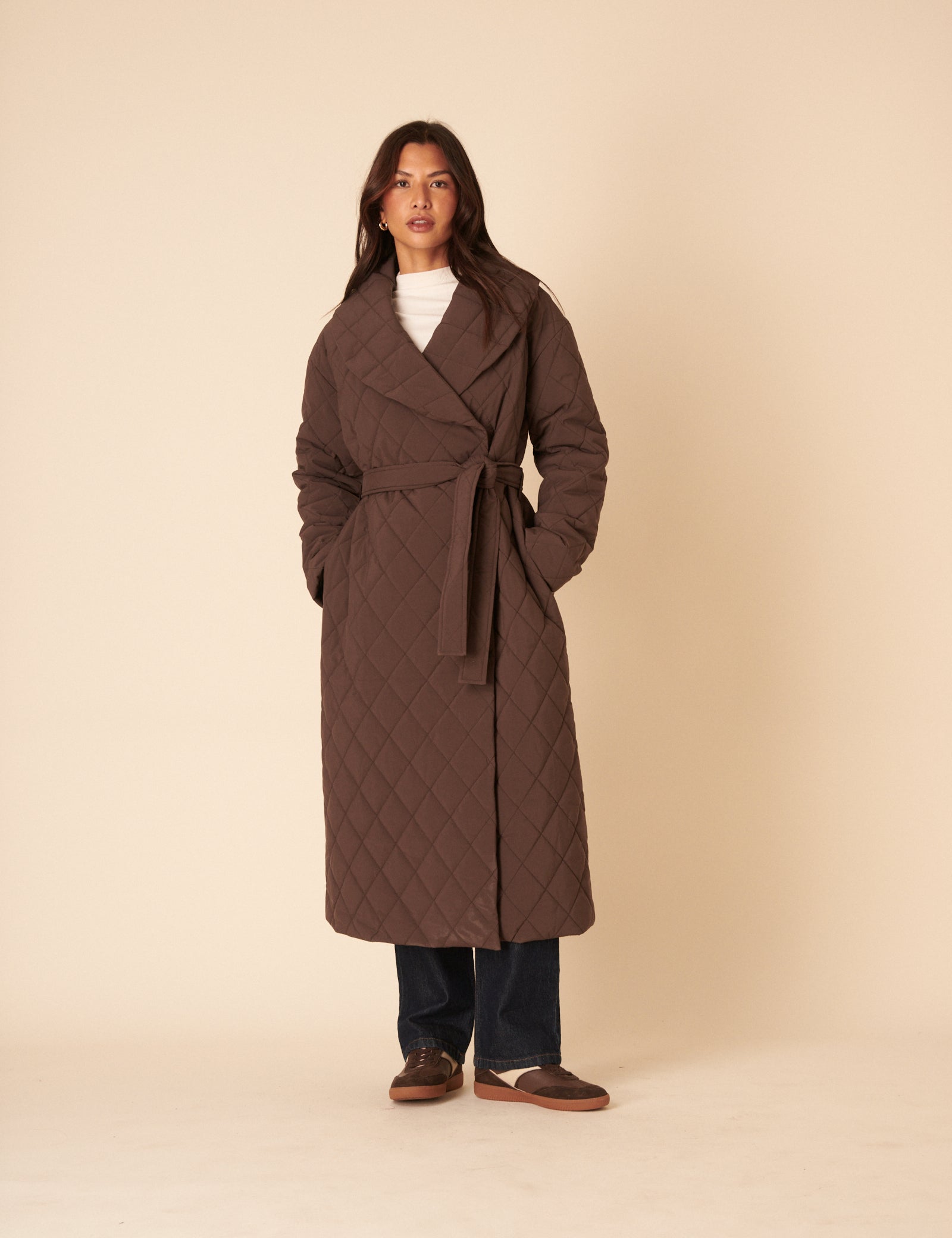 Brown Quilted Tie Belt Coat