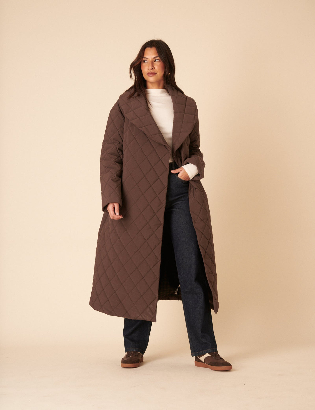 Brown Quilted Tie Belt Coat