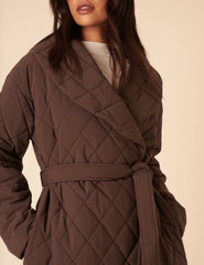 Brown Quilted Tie Belt Coat