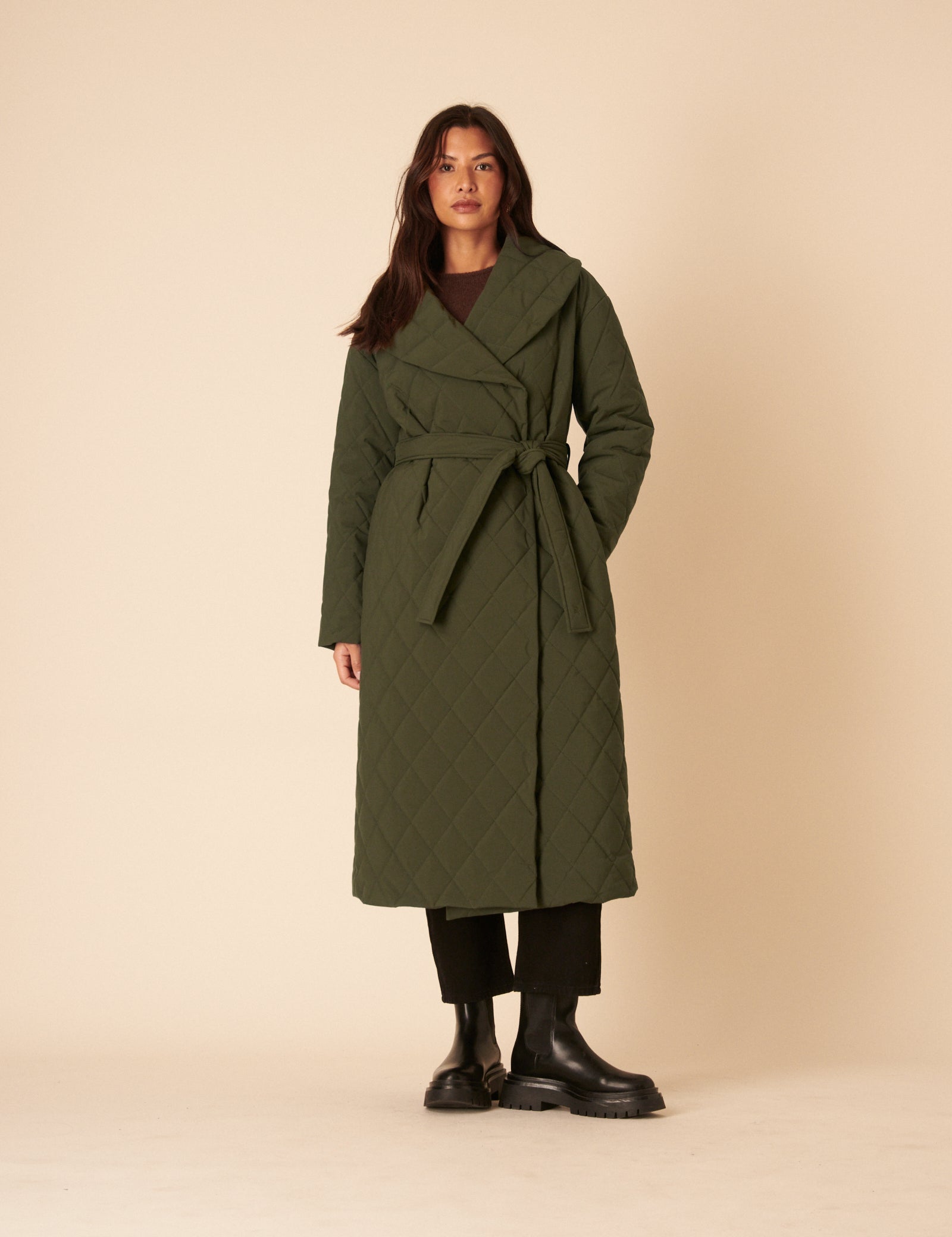 Green Quilted Tie Belt Coat