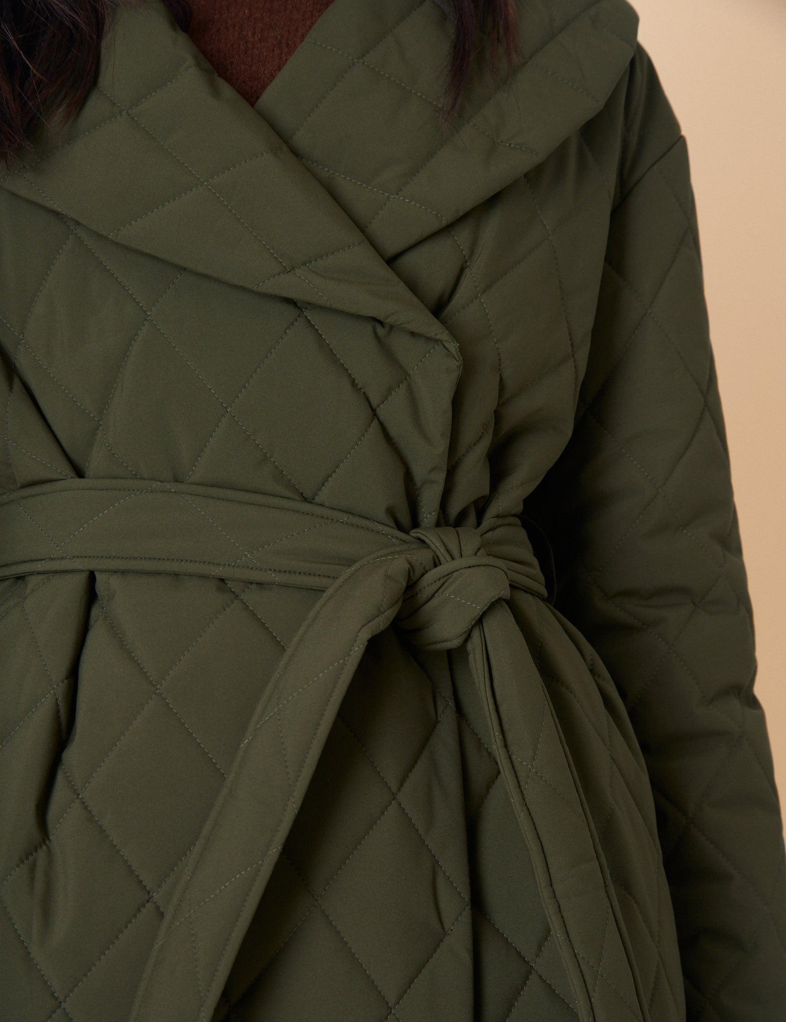 Green Quilted Tie Belt Coat