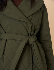 Green Quilted Tie Belt Coat