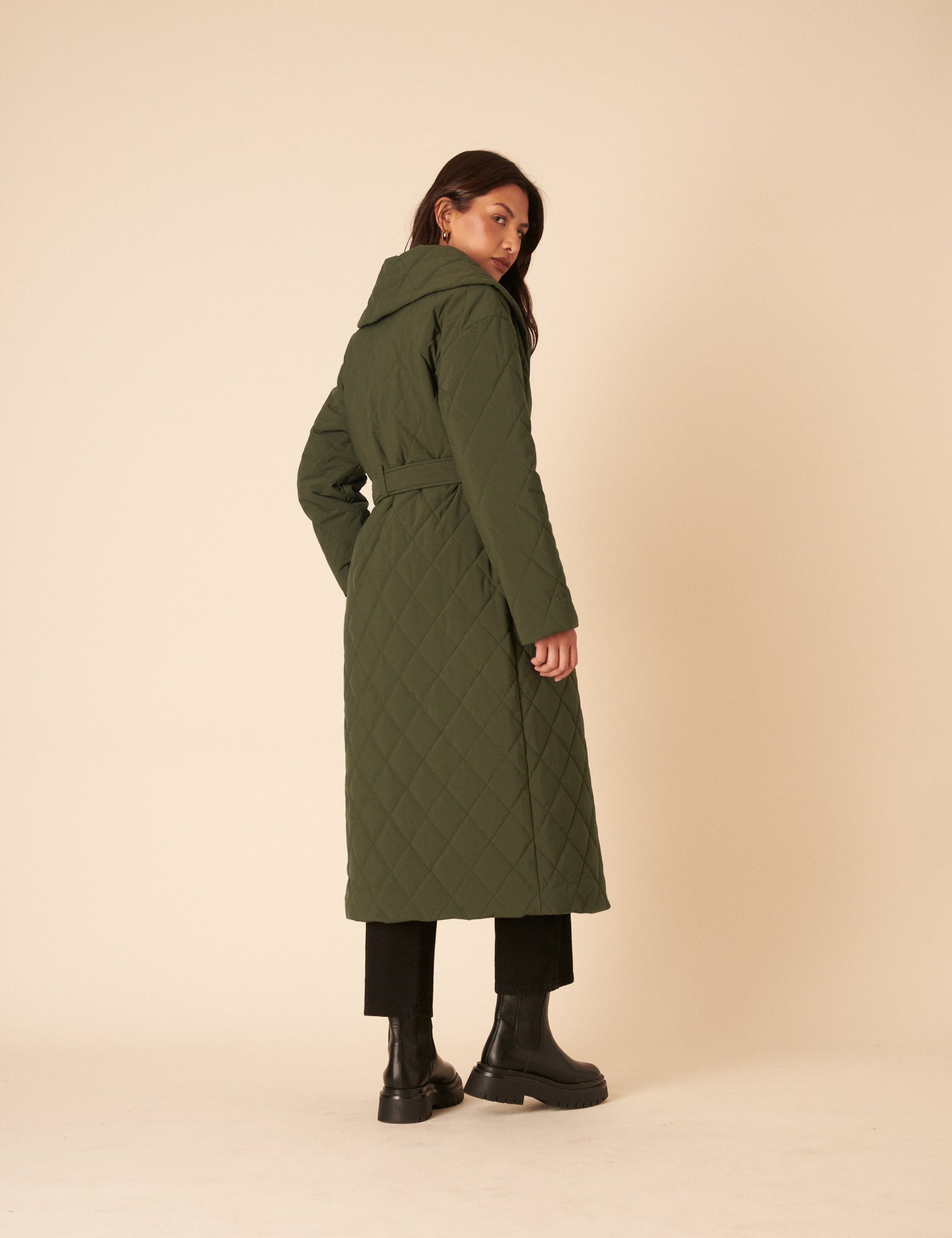 Green Quilted Tie Belt Coat