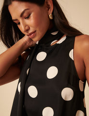 Black Polka Dot Tie Neck Top