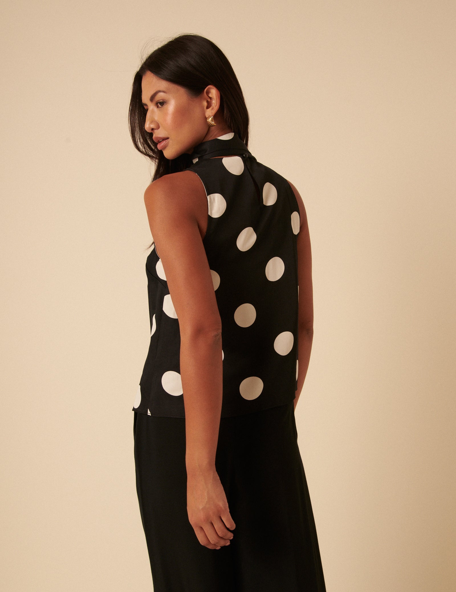 Black Polka Dot Tie Neck Top
