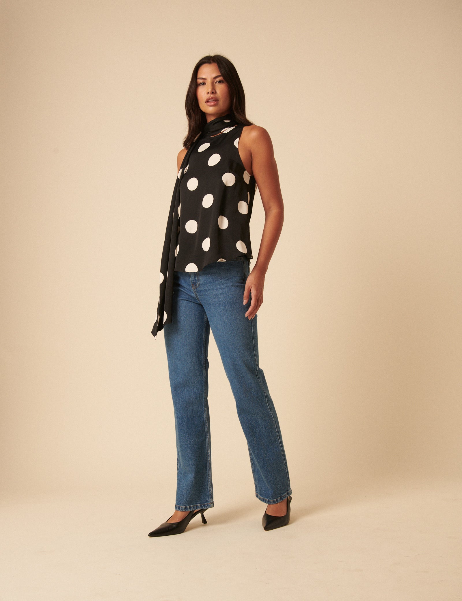 Black Polka Dot Tie Neck Top
