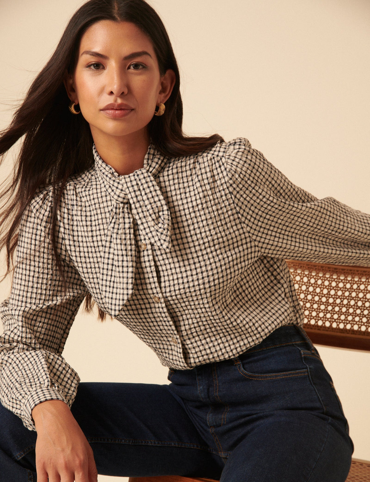 White Check Tie Neck Shirt