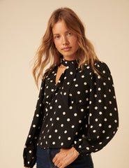 Black Polka Dot Neck Tie Blouse