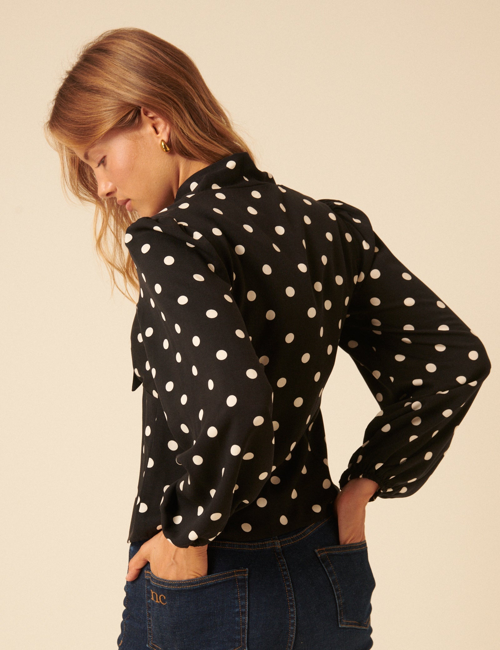 Black Polka Dot Neck Tie Blouse