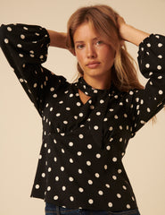 Black Polka Dot Neck Tie Blouse