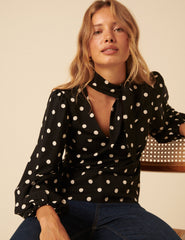 Black Polka Dot Neck Tie Blouse