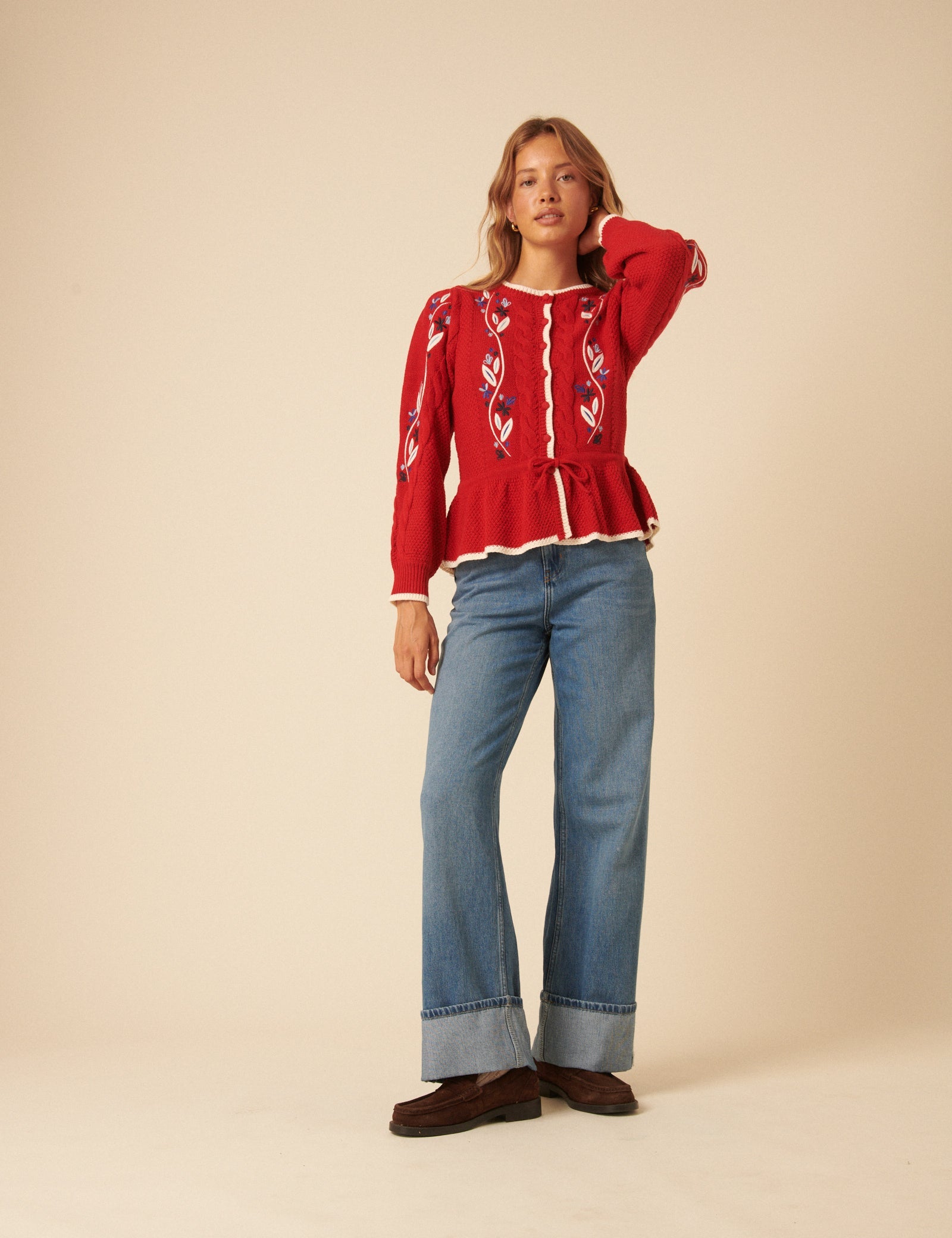 Red Floral Embroidered Cardigan