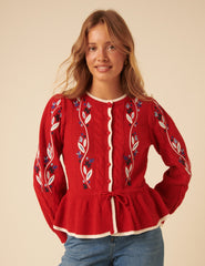 Red Floral Embroidered Cardigan