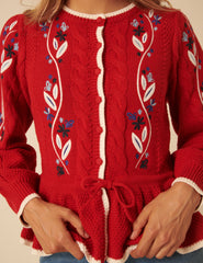 Red Floral Embroidered Cardigan