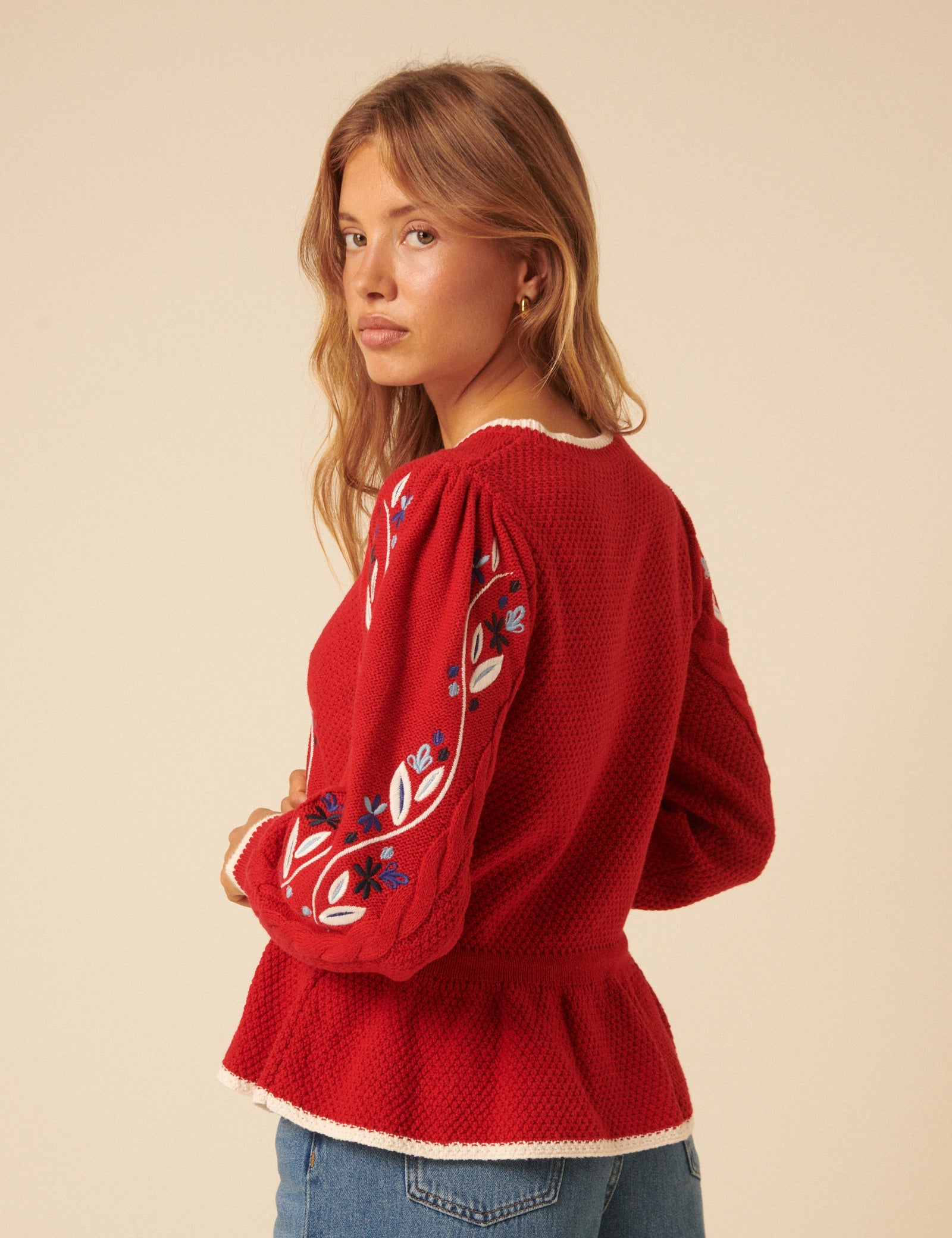 Red Floral Embroidered Cardigan