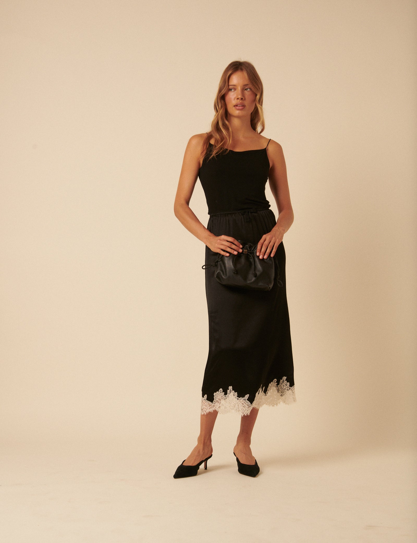 Black Lace Trim Satin Midi Skirt