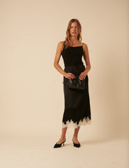 Black Lace Trim Satin Midi Skirt