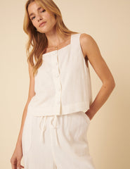 White Linen-blend Button Down Swing Top