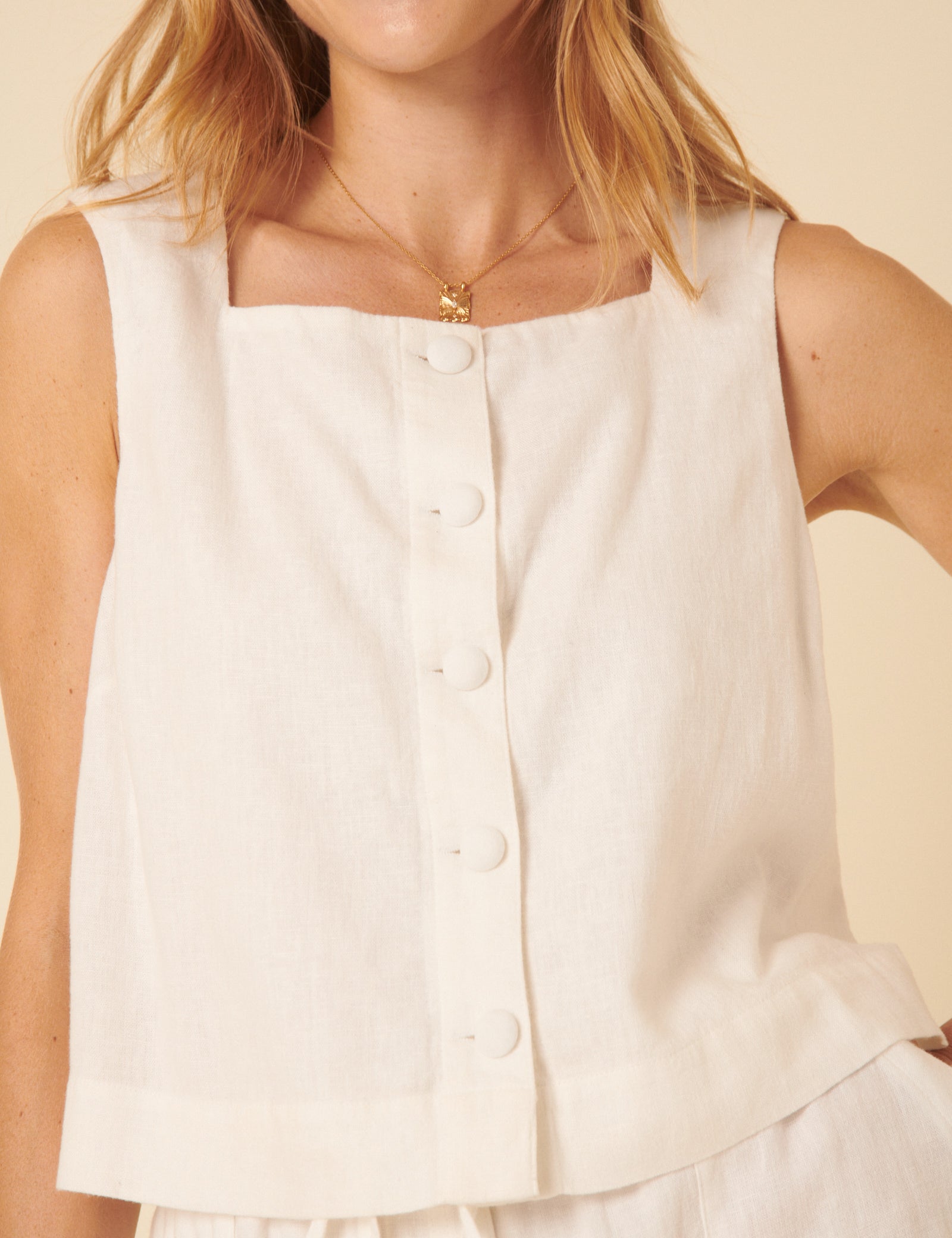White Linen-blend Button Down Swing Top