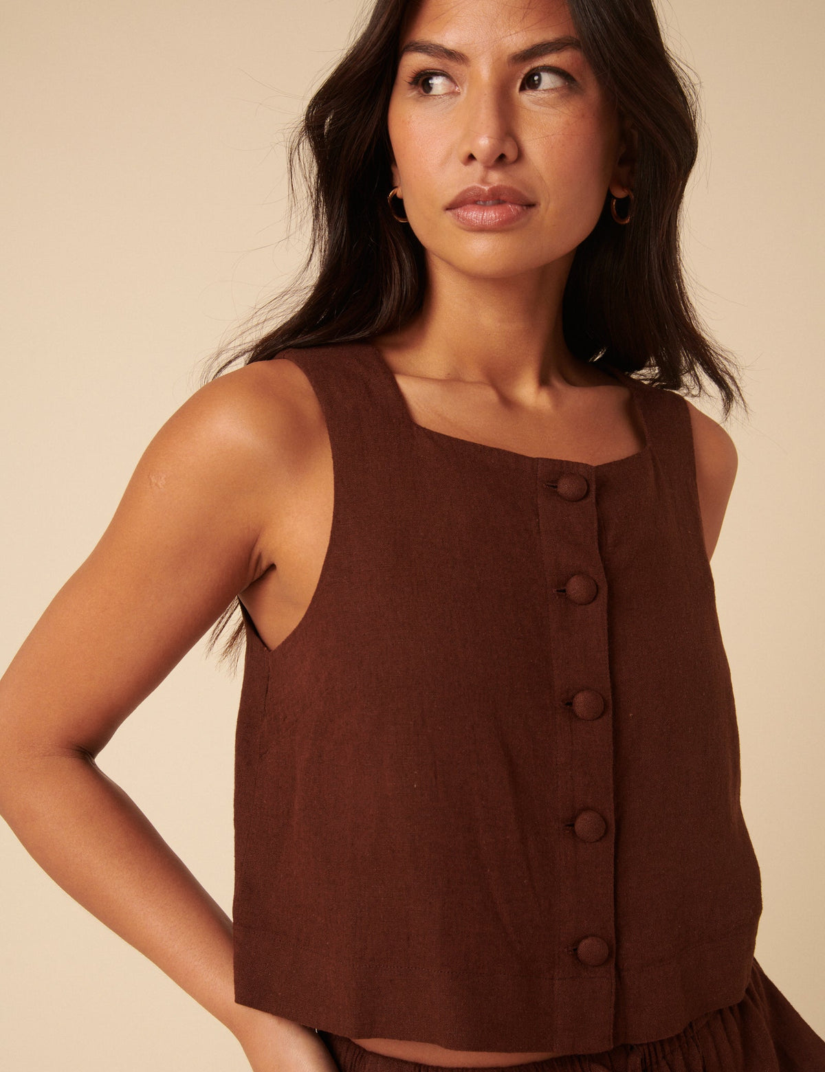 Brown Linen-blend Button Down Swing Top