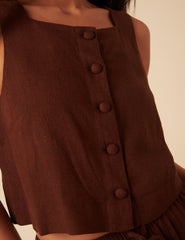 Brown Linen-blend Button Down Swing Top