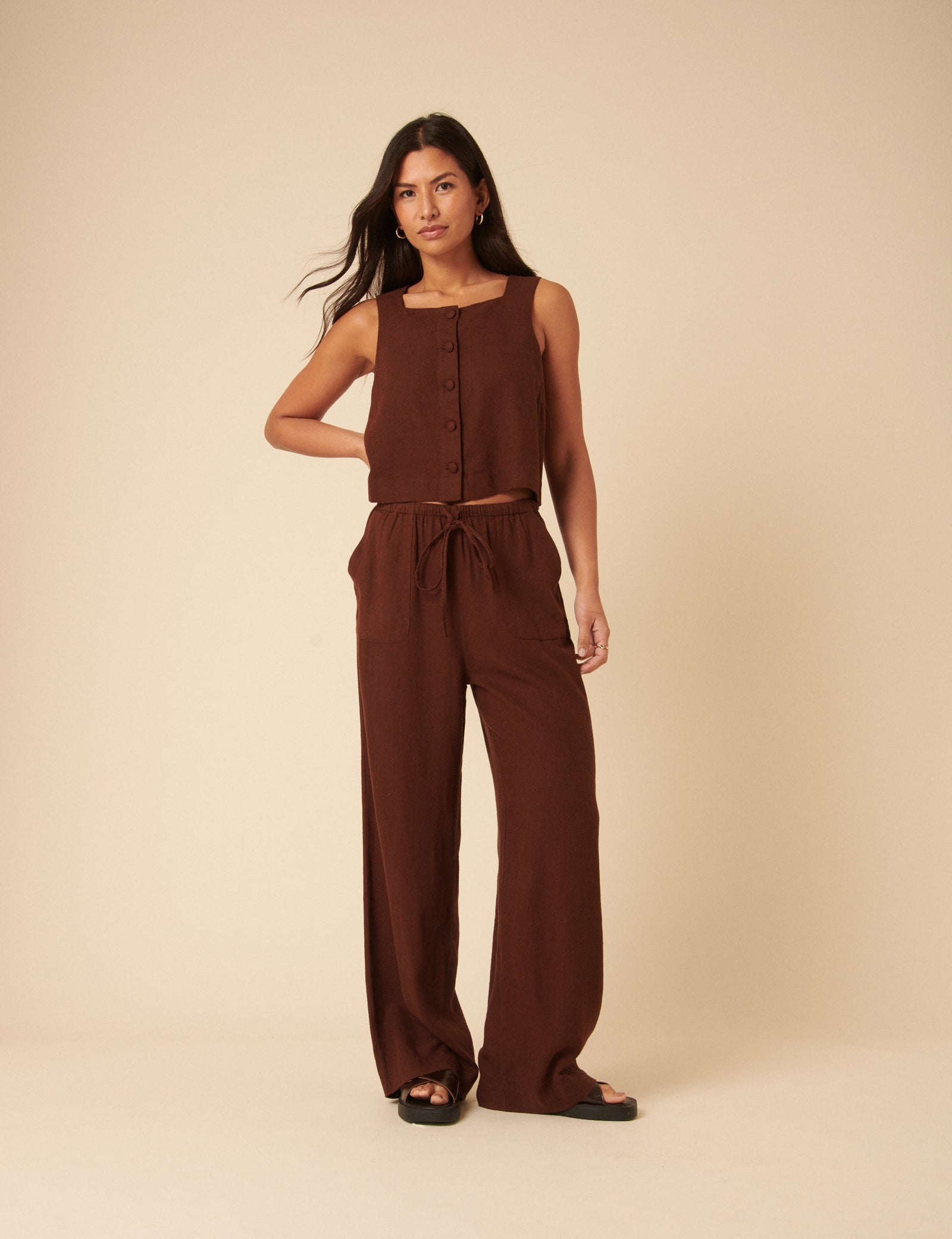 Brown Linen-blend Button Down Swing Top