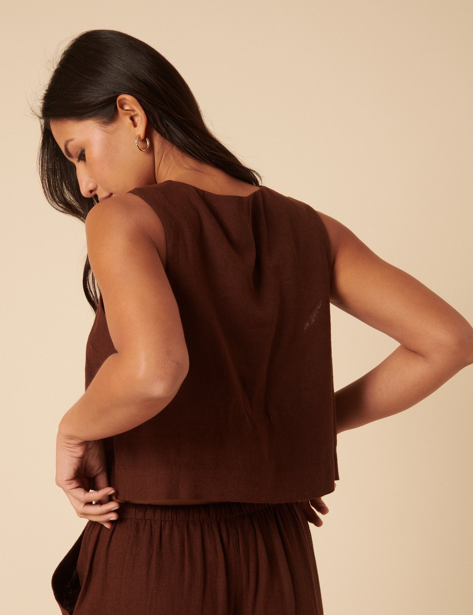 Brown Linen-blend Button Down Swing Top