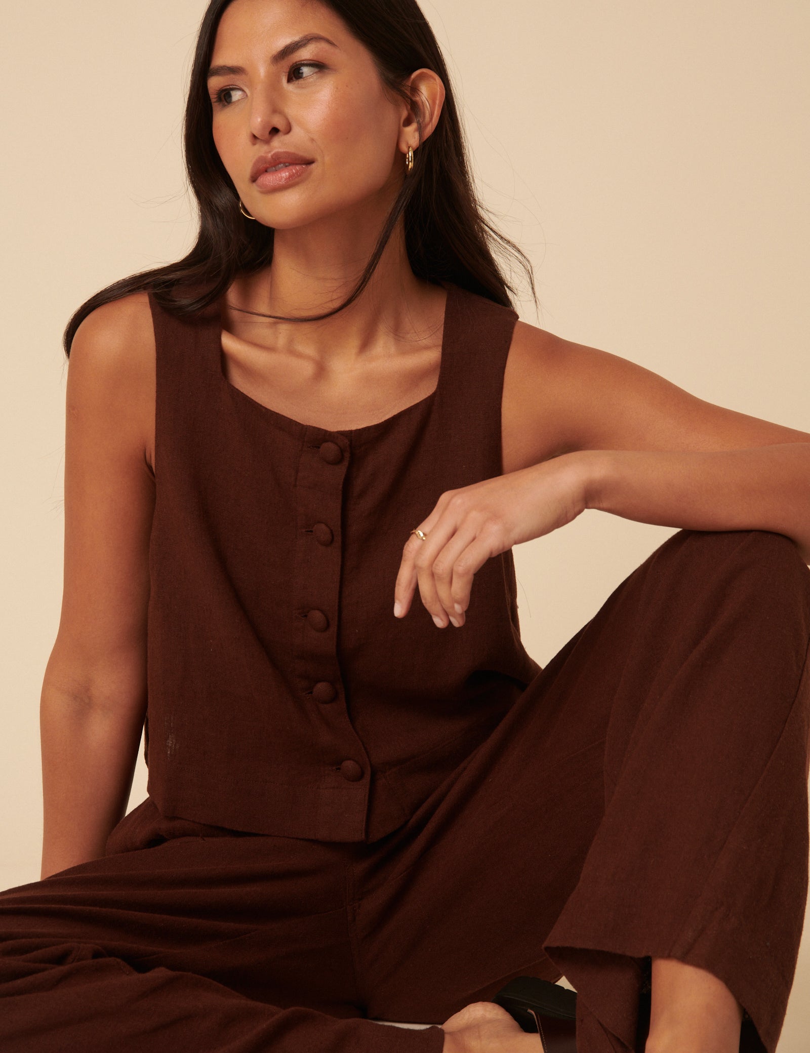 Brown Linen-blend Button Down Swing Top
