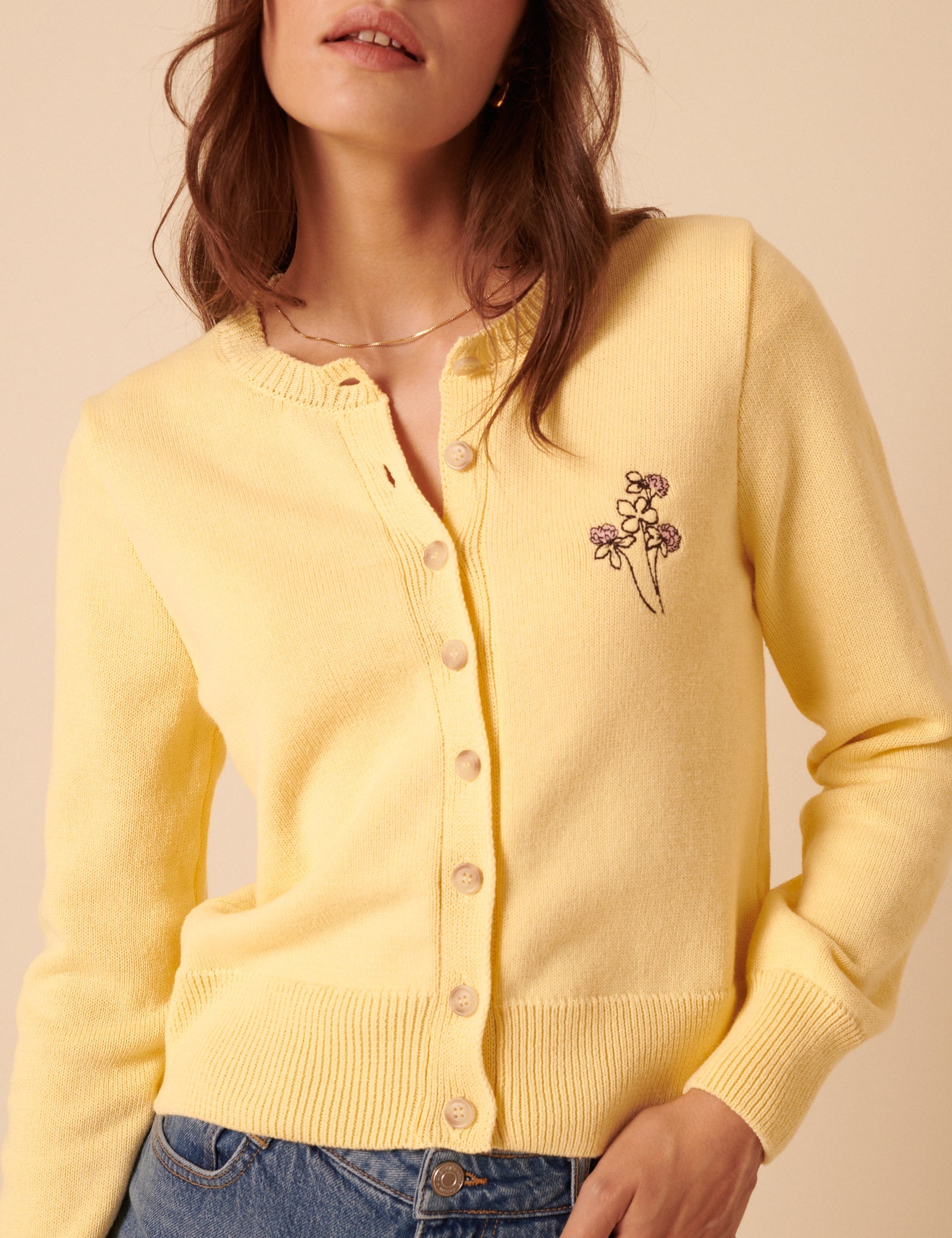 Yellow Embroidered Crew Neck Cardigan