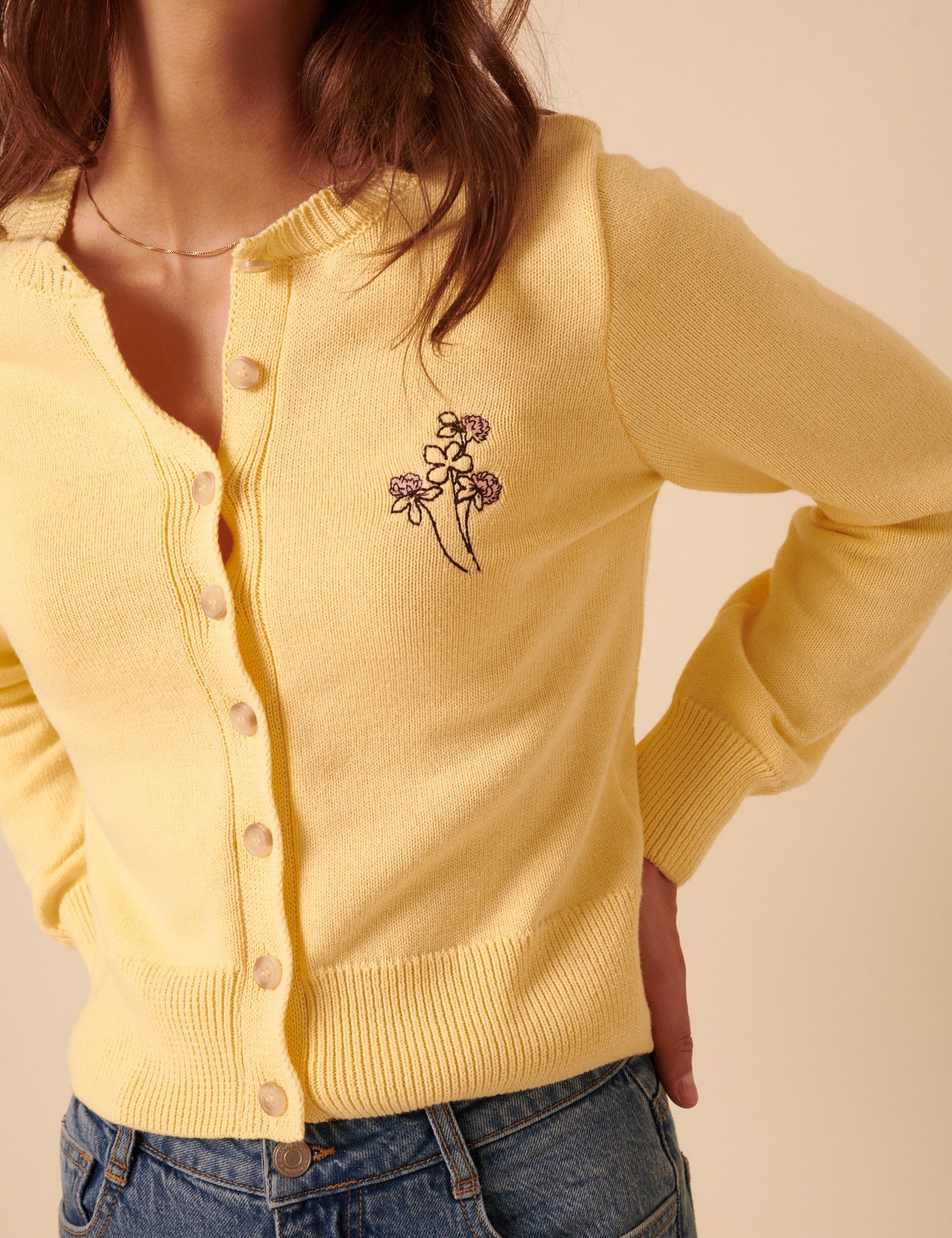 Yellow Embroidered Crew Neck Cardigan