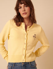 Yellow Embroidered Crew Neck Cardigan