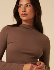 Brown Ribbed High Neck Top