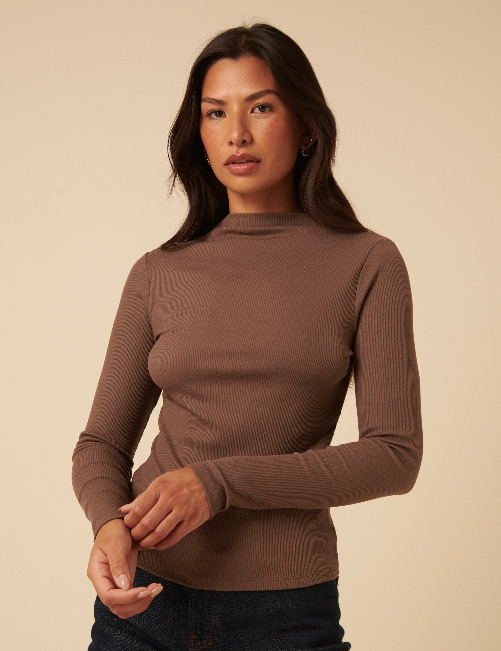 Brown Ribbed High Neck Top