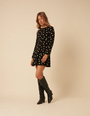 Black Polka Dot Long Sleeve Jersey Tate Mini Dress