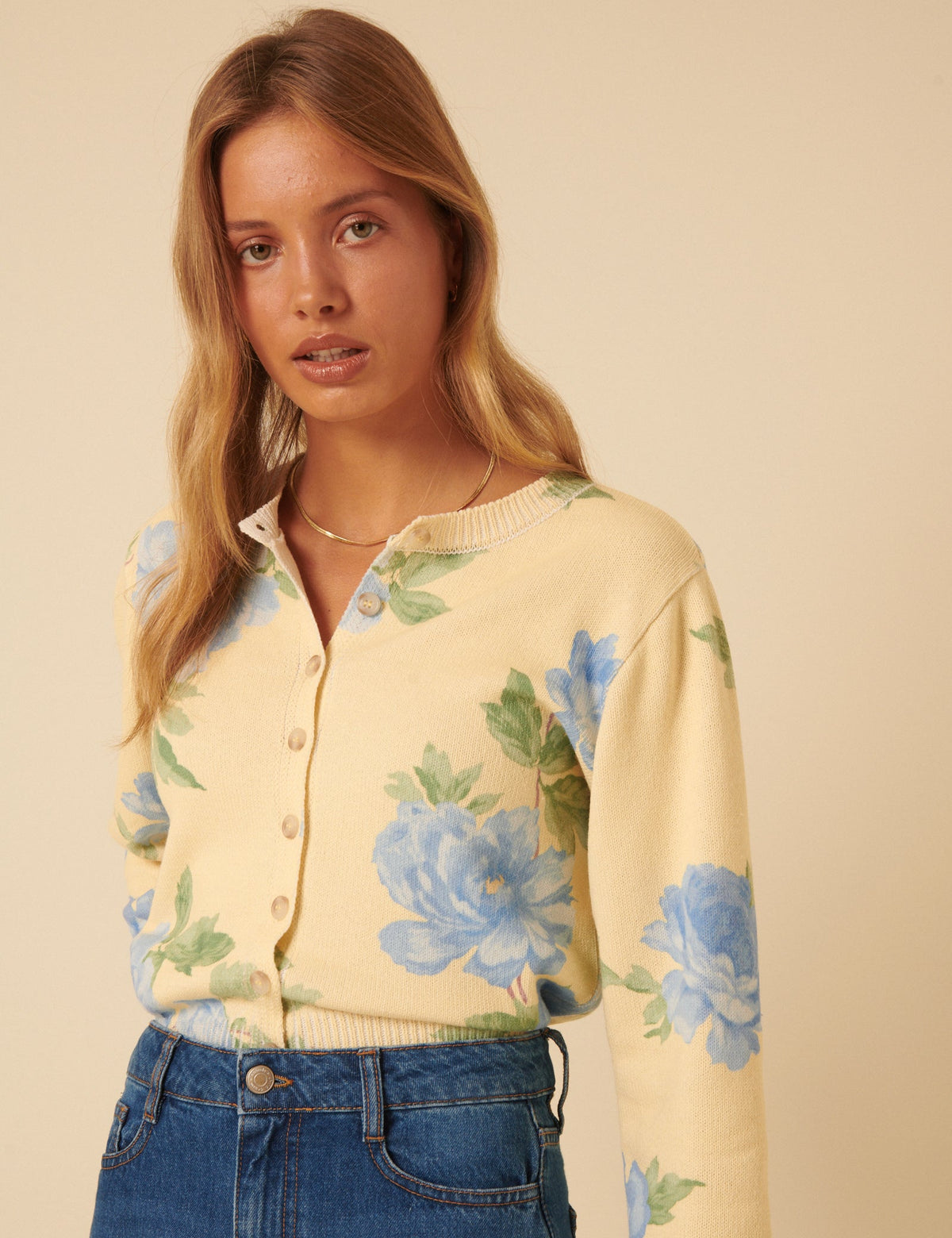 Yellow Floral Crew Neck Cardigan