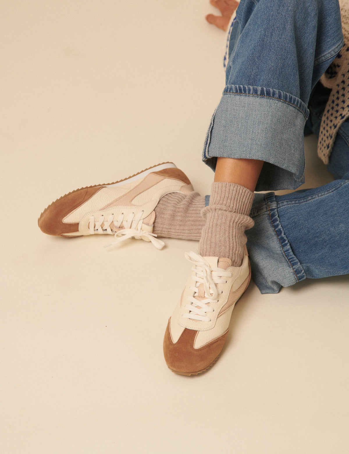 Cream And Tan Leather Trainers