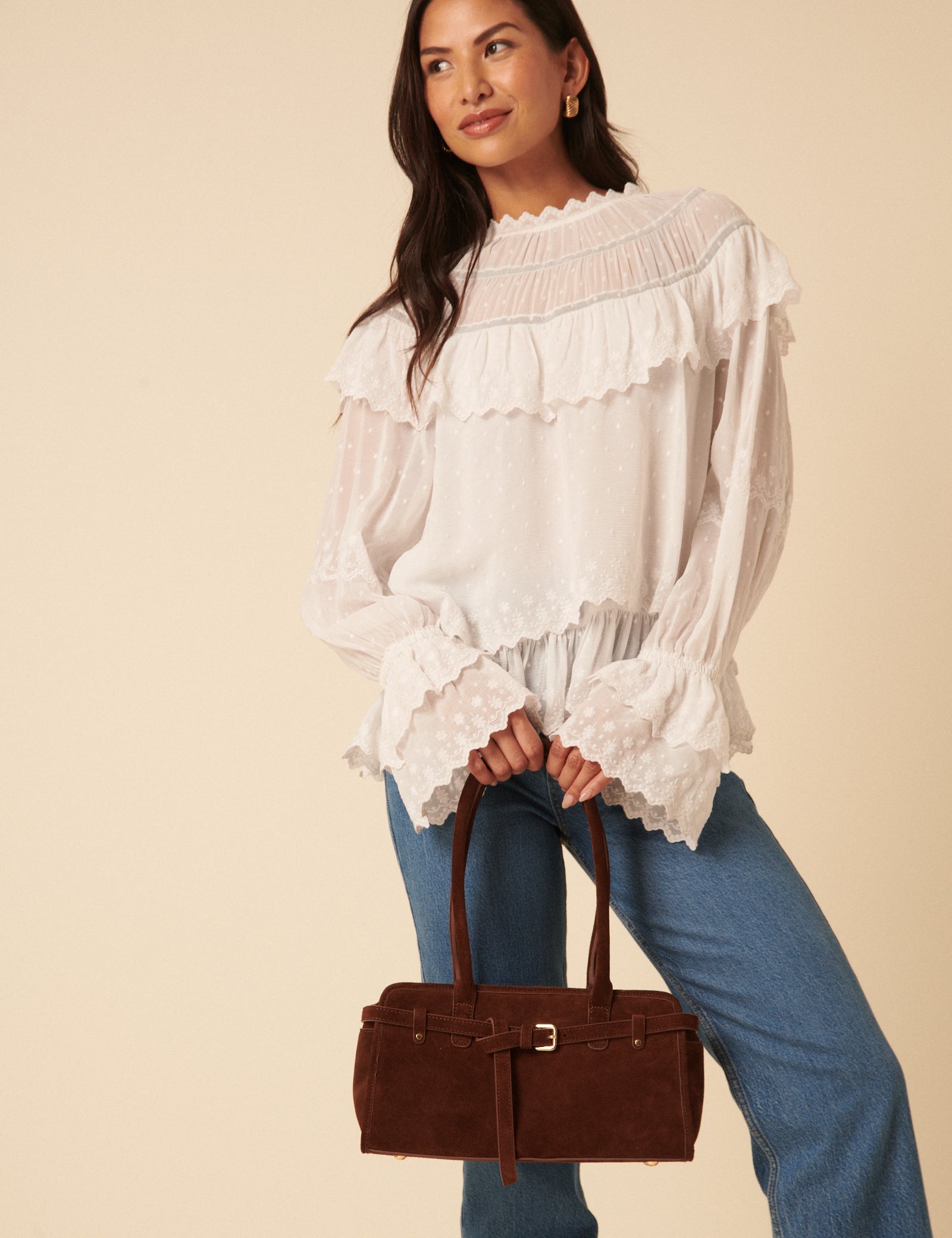 Brown Suede Baguette Shoulder Bag