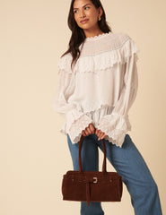 Brown Suede Baguette Shoulder Bag