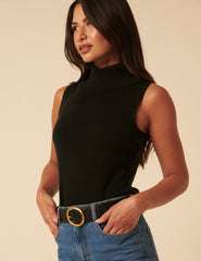 Black Gold Circular Buckle Leather Belt