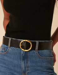 Black Gold Circular Buckle Leather Belt