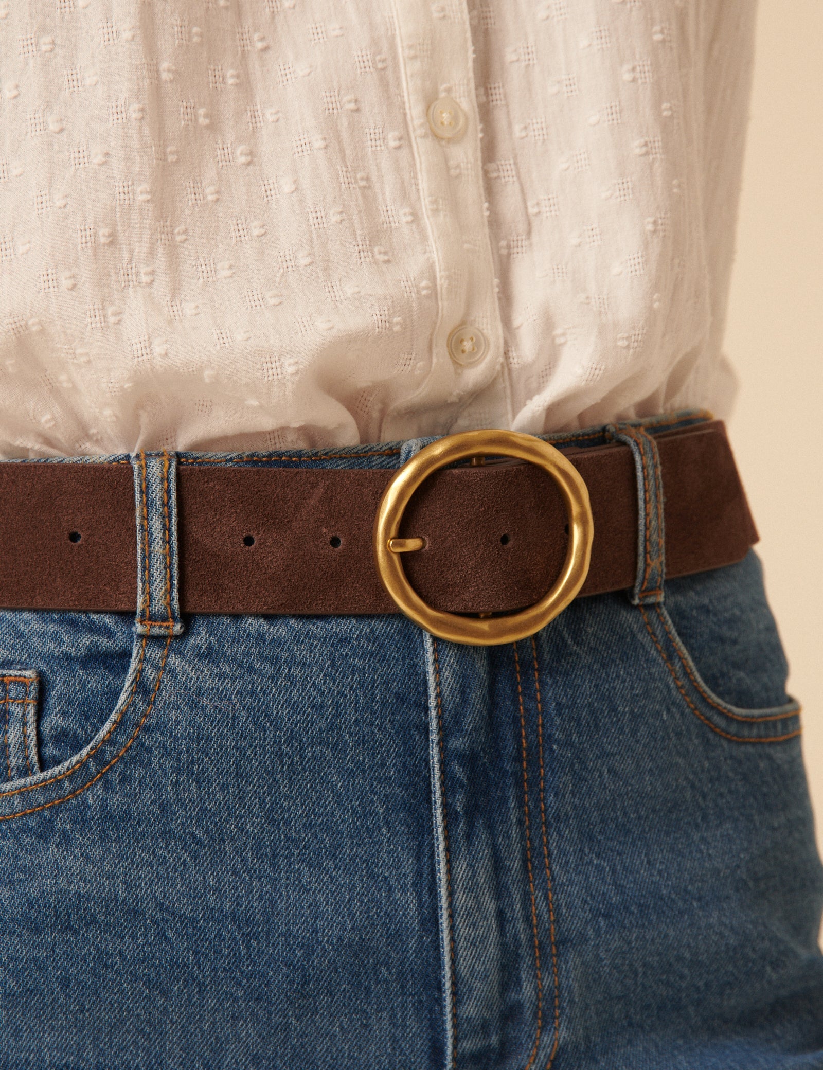Brown Gold Circular Buckle Suede Belt