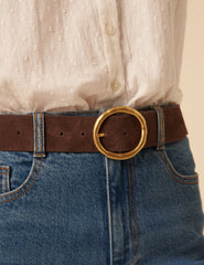 Brown Gold Circular Buckle Suede Belt