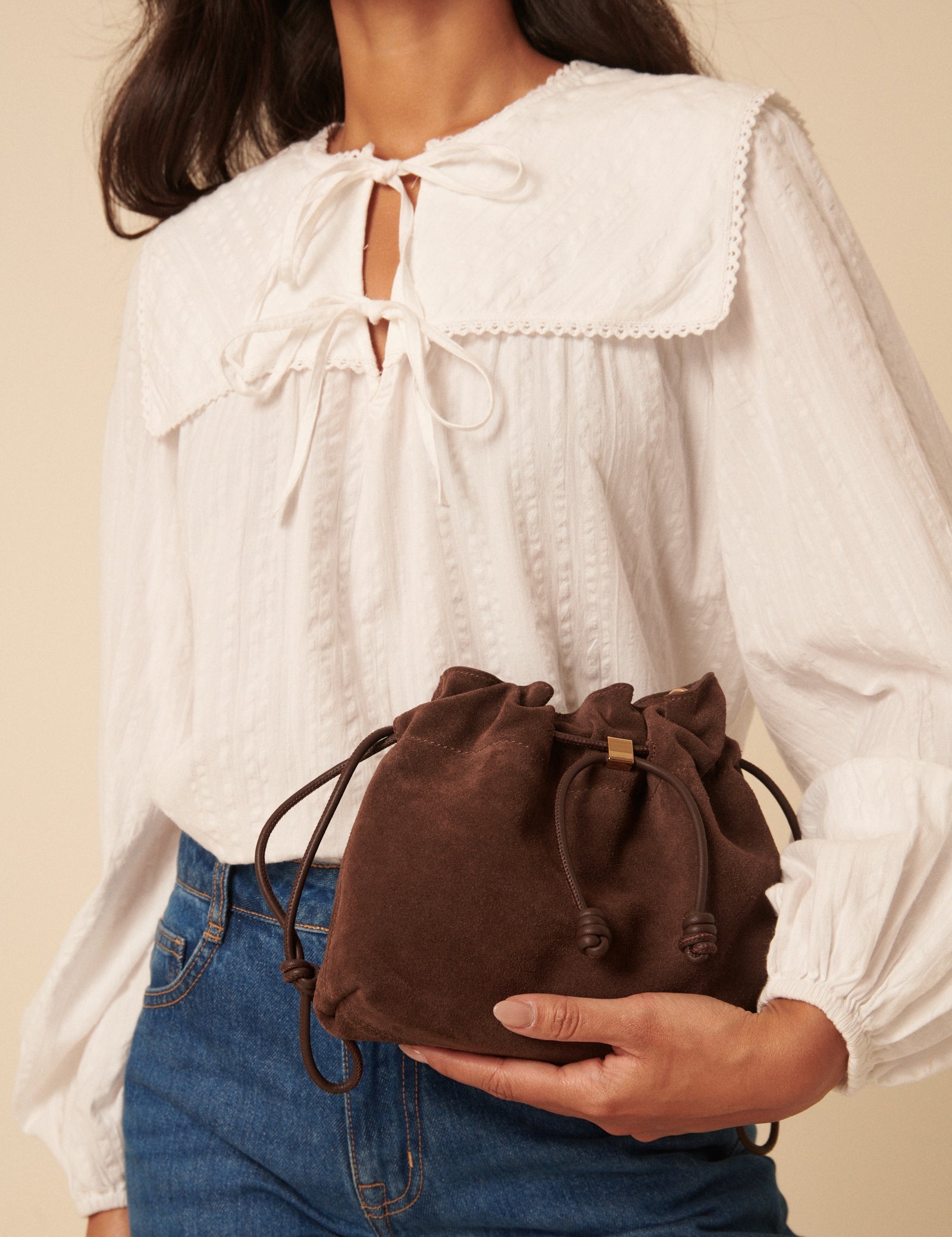 Brown Suede Drawstring Pouch Bag