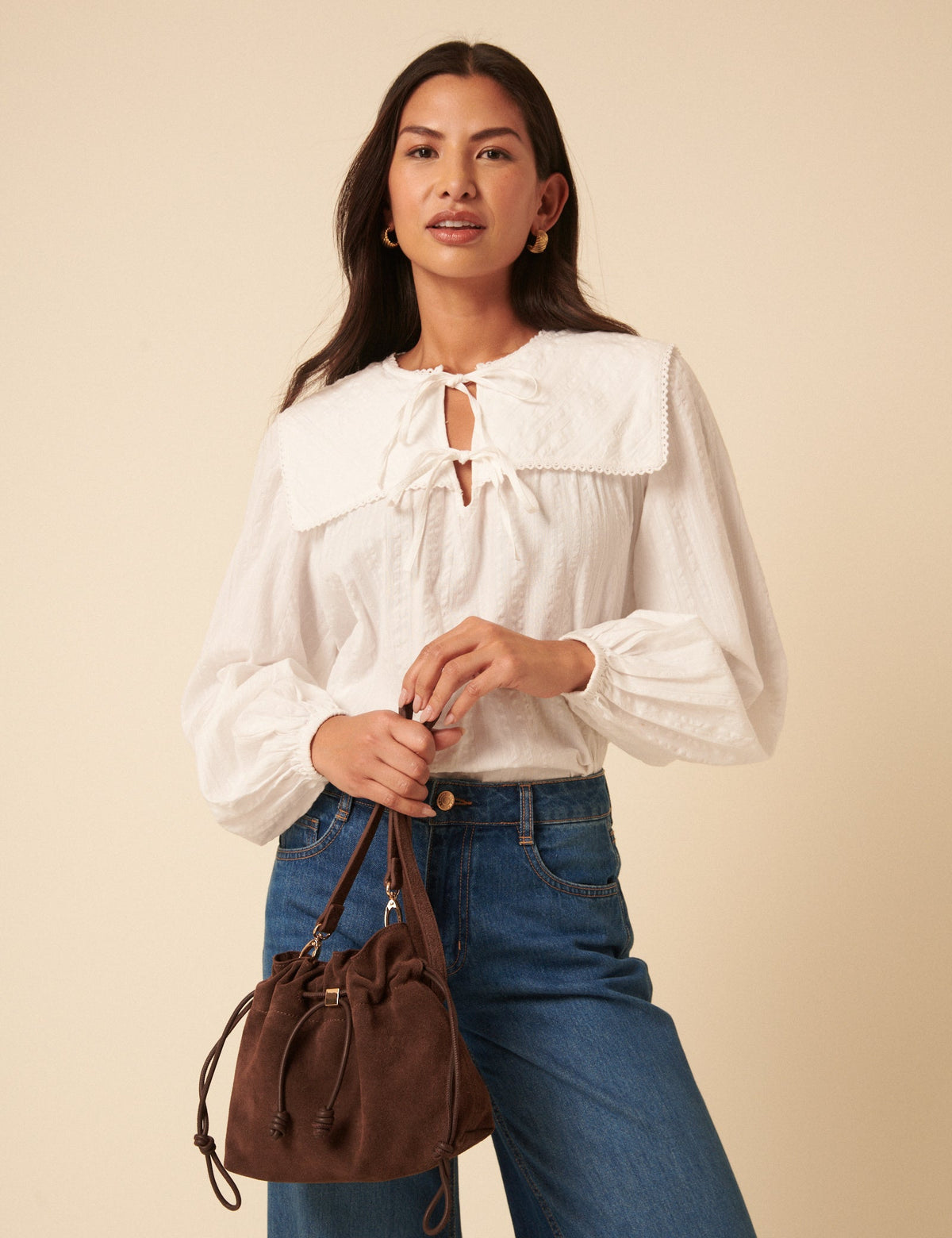 Brown Suede Drawstring Pouch Bag