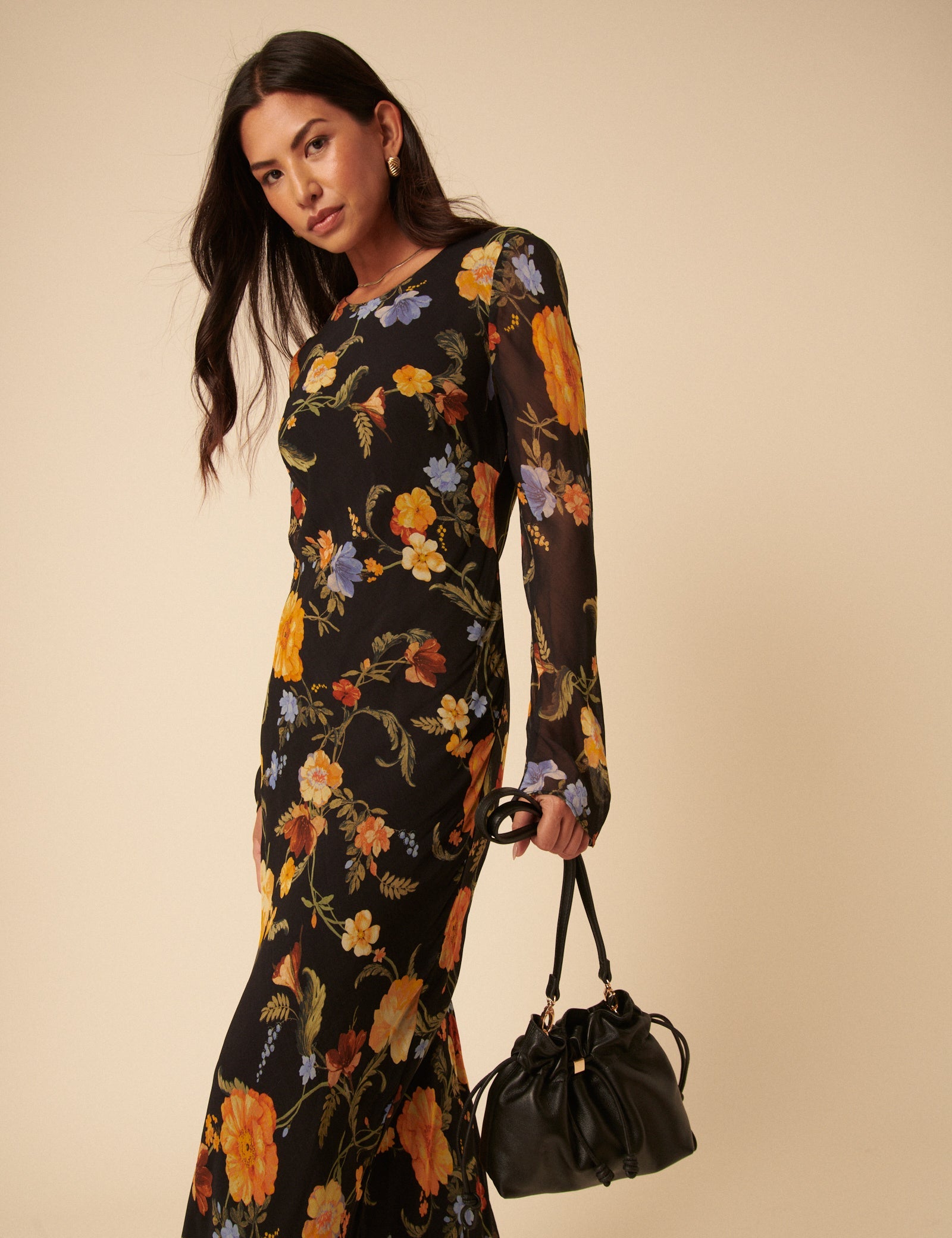 Black Leather Drawstring Pouch Bag