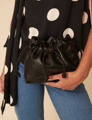 Black Leather Drawstring Pouch Bag