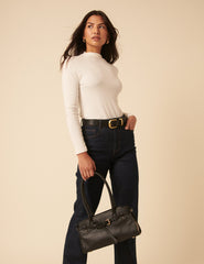 Black Leather Baguette Shoulder Bag